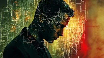 Poster - Man is shown in a futuristic city with a green background. The man is looking at the camera with a serious expression. The image is a poster for a movie or a book