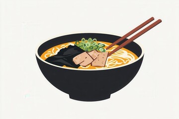 Poster - Delicious steaming ramen with pork and seaweed served with chopsticks in a cozy restaurant setting