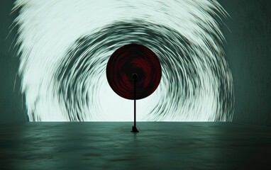 Poster - Abstract digital art depicting a dark red sphere on a stand, centered within a swirling, glitch-effect background of white and teal. The scene is minimalist and set on a dark, reflective surface