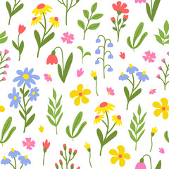 Leinwandbilder - Seamless pattern with cute hand drawn flowers on a white background. Vector illustration.