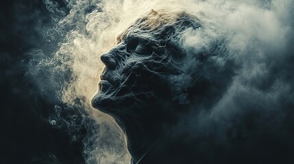 Wall Mural - Dark smoke and particles depict a businessman's exploding head, suffering from burnout, stress, information overload, and mental health issues.