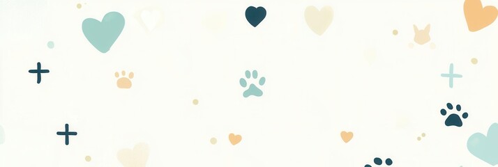 Poster - Minimalist veterinary background with soft pastel colors and harmonious icons of paw prints and hearts for professional banners