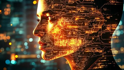 Poster - Woman's face is shown in a computer generated image with a lot of orange and yellow colors. The image has a futuristic and technological feel to it, with the woman's face being the main focus