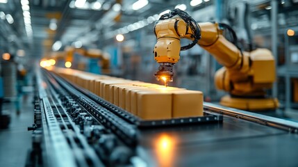 Fototapete - In a bustling factory, robotic arms efficiently package yellow boxes, demonstrating advanced automation technology in petrochemical processing. This scene highlights engineering innovation.