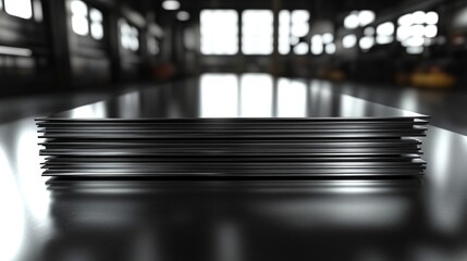 Poster - Stacked steel and aluminum sheets are displayed in a modern factory environment. The setting highlights advanced engineering and automation in manufacturing.