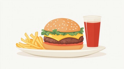 Aufkleber - Delicious cheeseburger served with fries and a drink for a satisfying meal experience