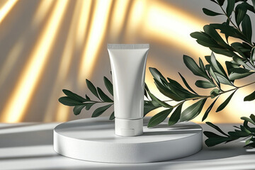 Poster - Minimalist cream tube on circular pedestal surrounded by green leaves, showcasing elegance and simplicity