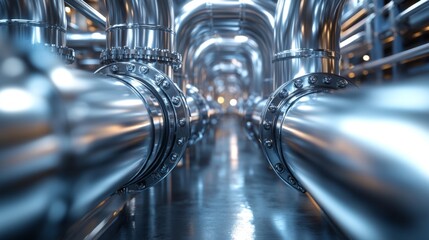 Aufkleber - A close-up view of polished aluminum and steel pipes in a modern manufacturing plant reflects advanced engineering techniques. Automation tools operate efficiently in a clean industrial setting.