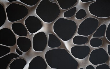 Poster - Abstract image of a beige network structure on a black background. The network consists of interconnected organic shapes, creating a complex pattern. The image has a slightly textured look