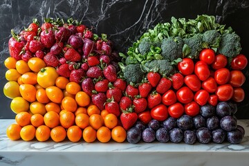 Aufkleber - Colorful arrangement of fresh fruits and vegetables on a marble surface at a local market