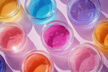 Aufkleber - Colorful gel jars arranged on a surface creating an artistic display in bright sunlight