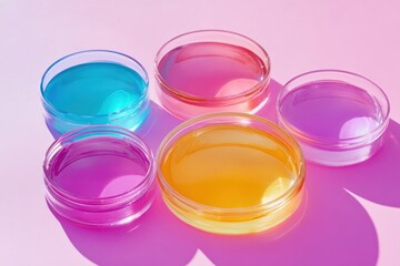 Poster - Colorful gelatin dishes arranged artistically on a pink backdrop with vibrant hues illuminating the setup