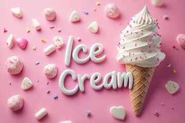 Poster - Ice cream cone topped with whipped cream and colorful sprinkles on a pink background