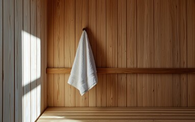 Poster - A white towel hangs on a light brown wooden wall inside a sauna. Sunlight streams in from a window, illuminating parts of the room.  The scene is simple and serene