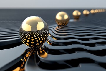 A series of golden spheres rolling on a textured black surface