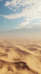 Poster - Golden desert landscape with rolling dunes and expansive sky under soft sunlight in a tranquil atmosphere