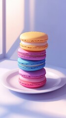 Aufkleber - Brightly colored macarons stacked neatly on a plate by a window in a sunlit room, showcasing their appealing textures