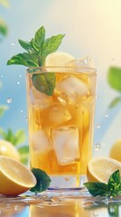 Poster - Refreshing glass of iced tea garnished with mint and lemon slices on a sunny day in a garden setting