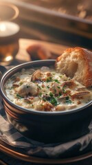Poster - Delicious bowl of creamy seafood chowder with fresh bread at a cozy dining setting