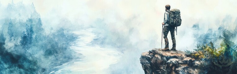 Poster - Portrait of a hiker standing on a cliff overlooking a misty river in a serene wilderness setting