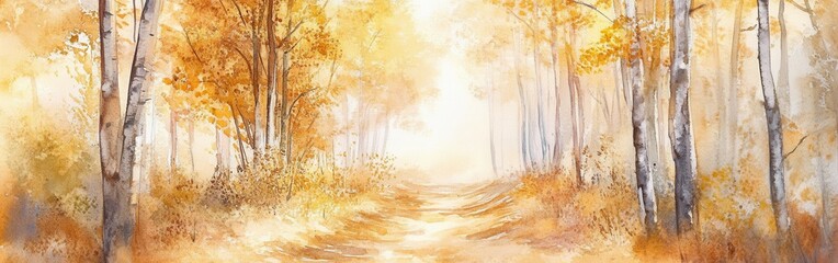 Poster - Captivating watercolor landscape showcasing a serene autumn forest path with vibrant fall foliage in soft sunlight