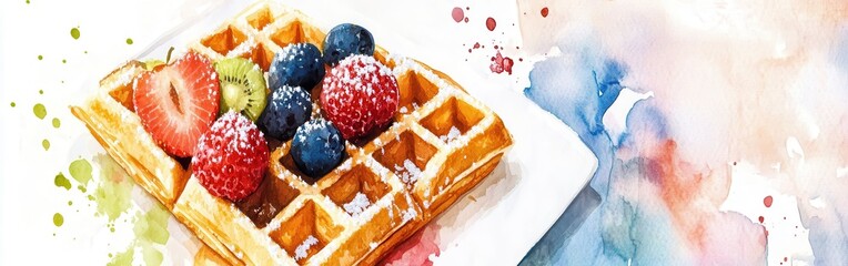 Poster - Waffle topped with fresh fruits on a watercolor background depicting a cozy breakfast setting