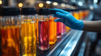 Poster - In a busy refinery laboratory, a technician in blue gloves carefully inspects colorful chemical samples in glass vials. The setting features advanced automation and dim lighting.