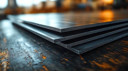 Fototapete - Steel and aluminum sheets are stacked on a workbench in an industrial factory. The setting highlights automated machinery and engineering practices.