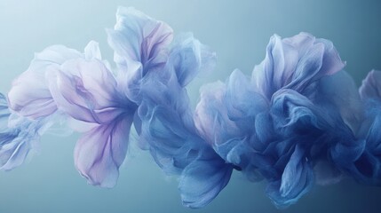 Aufkleber - Negative space design featuring delicate soft fabric flowers in blue and lavender hues intertwining gracefully on a minimalist background