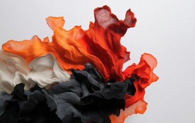 Poster - Abstract image of orange, black, and white textured shapes resembling crumpled fabric or paint.  The colors are bold and contrast sharply against a white background