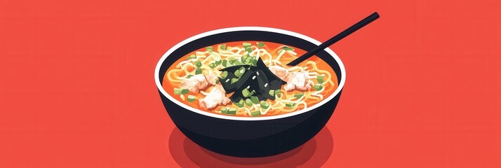 Aufkleber - Bowl of steaming ramen topped with pork and green onions served with chopsticks in a vibrant setting