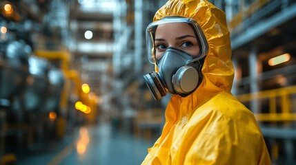 Poster - Inside a manufacturing facility, a worker dressed in bright yellow protective gear and a respirator stands attentively.