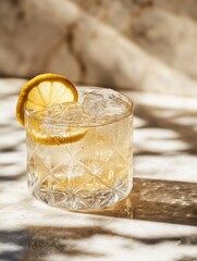 Poster - Sparkling water with ice and lemon slice under sunlight casting shadows on marble surface
