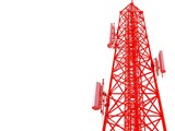 A tall red communication tower with antennas, set against a white background, representing modern telecommunications infrastructure.