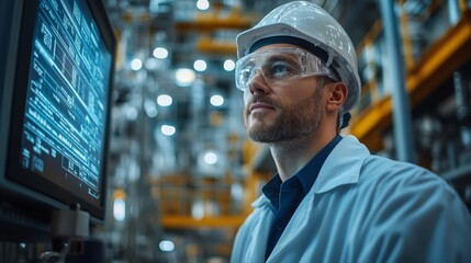 Poster - A manufacturing professional monitors advanced automation systems in a petrochemical refinery. The individual wears safety gear, ensuring a secure environment during intricate operations.