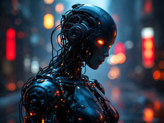 Poster - creative visualization of artificial intelligence, cyborg face . Generative AI