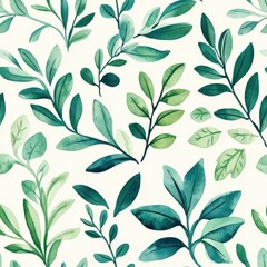 Poster - Whimsical watercolor doodles of various green leaves and foliage arranged in a playful pattern