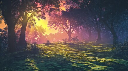Poster - Spring sunrise casts colorful hues over a serene forest clearing filled with vibrant greenery and soft light