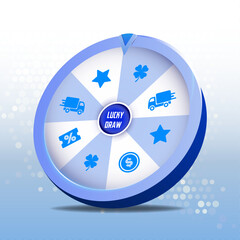 Vector illustration spinning fortune wheel blue with freeship, coin, star, voucher, lucky clover, Luckydraw on blue background.