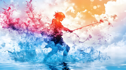 Poster - A dynamic scene of a person fishing, surrounded by colorful splashes of water and vibrant skies, evoking energy and motion