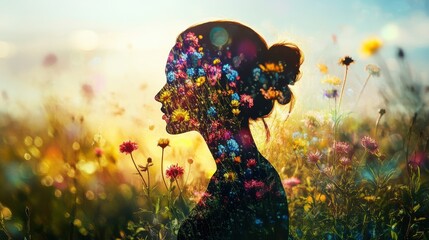 Poster - Vibrant silhouette of a woman surrounded by colorful flowers in a sunlit meadow during golden hour