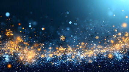 Poster - A shimmering winter scene with blue and gold tones, featuring sparkling snowflakes and a magical atmosphere