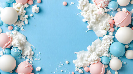 Poster - A vibrant arrangement of colorful spheres and textures on a blue background, evoking a playful and whimsical atmosphere