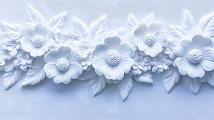 Poster - A delicate white floral relief design features intricate flowers and leaves against a subtle textured background