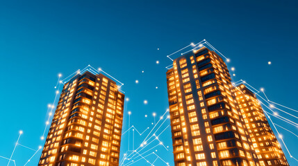 Poster - Modern skyscrapers illuminated at night against a vibrant blue sky, featuring digital overlays suggesting connectivity and innovation