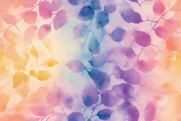 Wall Mural - seamless a soft watercolor illustration featuring delicate leaves in shades of purple, pink, and yel