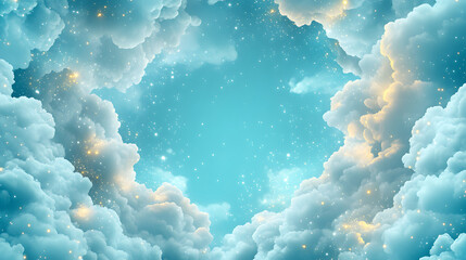 Poster - A serene sky filled with fluffy clouds, illuminated by soft light, creating a tranquil and dreamy atmosphere