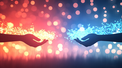 Poster - Two hands reach toward each other, one glowing red and the other blue, surrounded by colorful bokeh lights, symbolizing connection and contrast