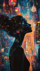 Poster - Vibrant silhouette of a woman against a luminous city skyline at night filled with glowing lights and colors