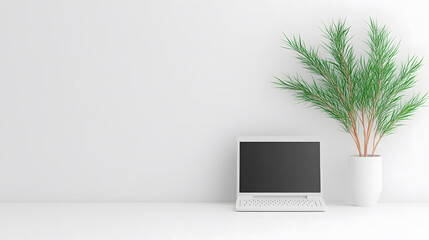 Poster - A minimalist workspace featuring a laptop beside a potted plant, set against a clean, white background